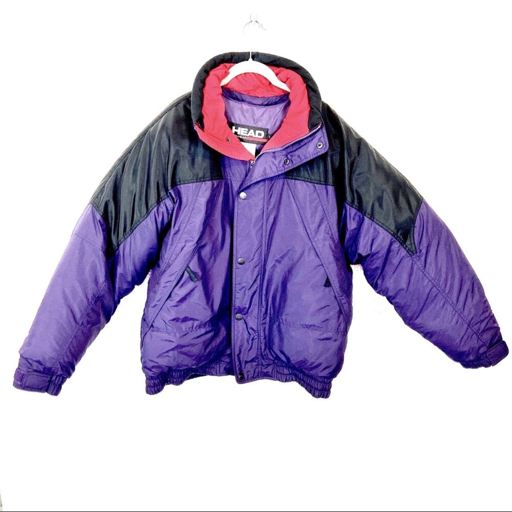 Head Men's Ski Coat Size Large 90’s Quilted Down Feather Black Purple Colorblock